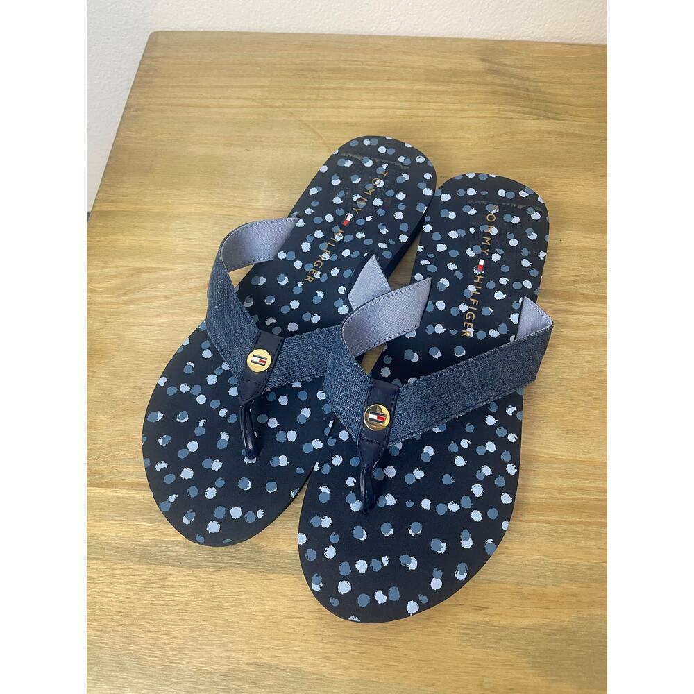 Tommy Hilfiger Navy Blue Polka Dot Flip Flops NWOT Womens Thong Summer Sandals